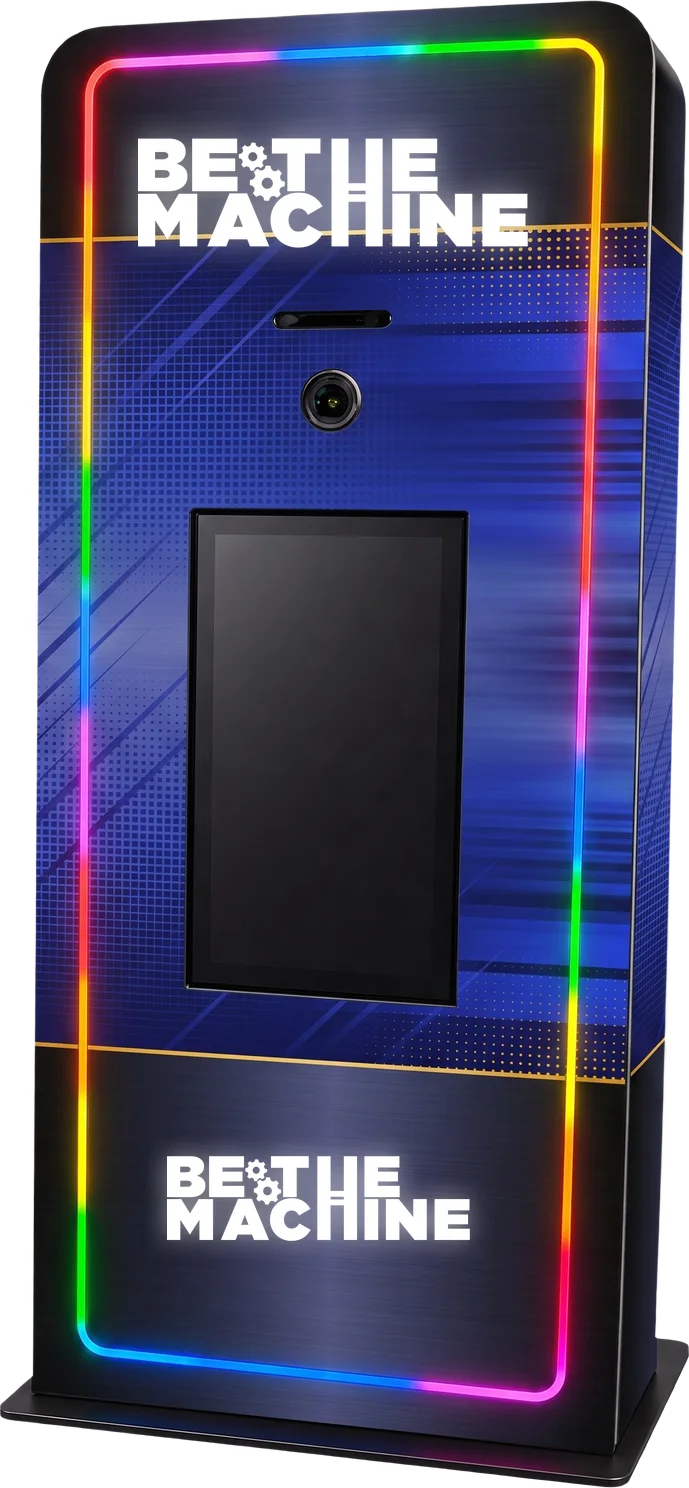 Elevated Kiosk with LED edge lighting, large touch screen, and integrated printer, shown in a Be The Machine custom wrap