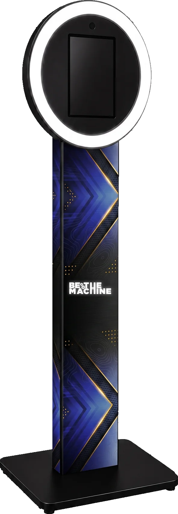 Selfie Station kiosk with halo ring light, shown in a Be The Machine custom wrap