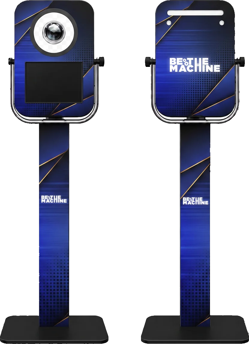 PRO booth, front and back, with adjustable tilting head unit, shown in a Be The Machine custom wrap