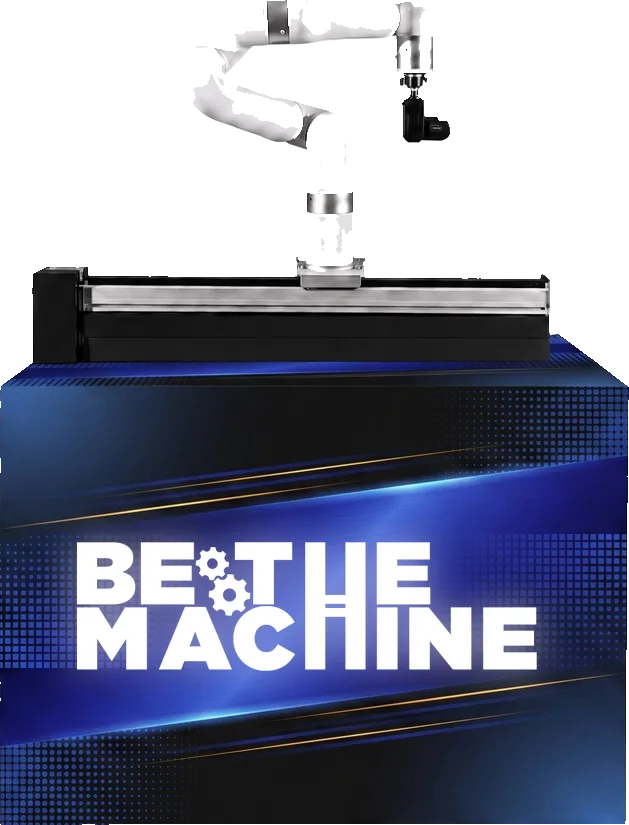 Robotic camera arm mounted on a rail atop a branded base cabinet, shown in a Be The Machine custom wrap